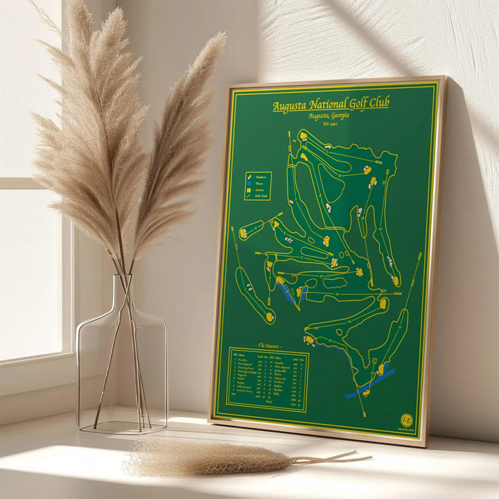 Modern vintage golf map print featuring text reading AUGUSTA NATIONAL GOLF CLUB AUGUSTA GEORGIA above an elaborate 18-hole layout. Offered by MapYourDreams, this artwork is available in flexible options including unframed paper, custom wooden frames, and gallery canvas wraps for tailored home wall decor setups.