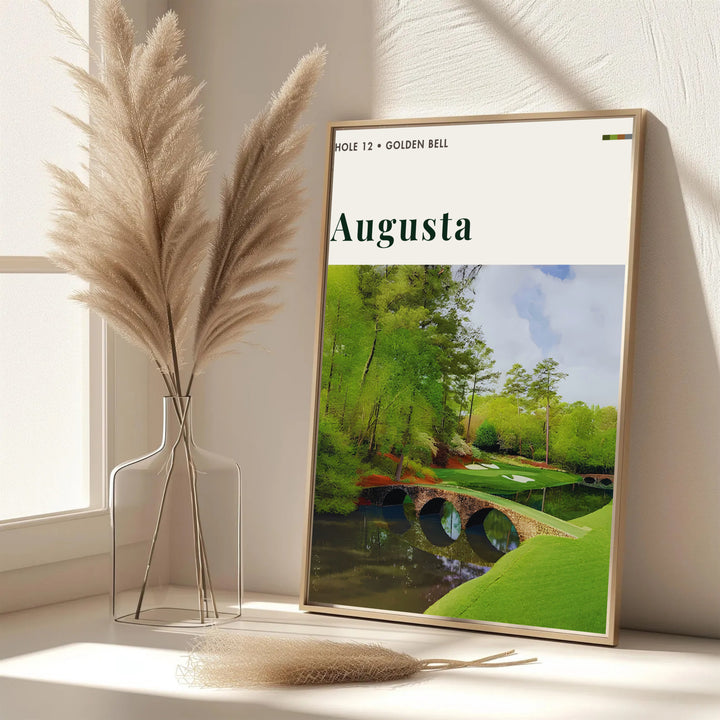 Modern photographic golf print featuring text reading HOLE 12 GOLDEN BELL above a breathtaking view of Hogan Bridge and Amen Corner. Offered by MapYourDreams, this artwork is available in flexible options including unframed paper, custom wooden frames, and gallery canvas wraps for tailored home wall decor setups.