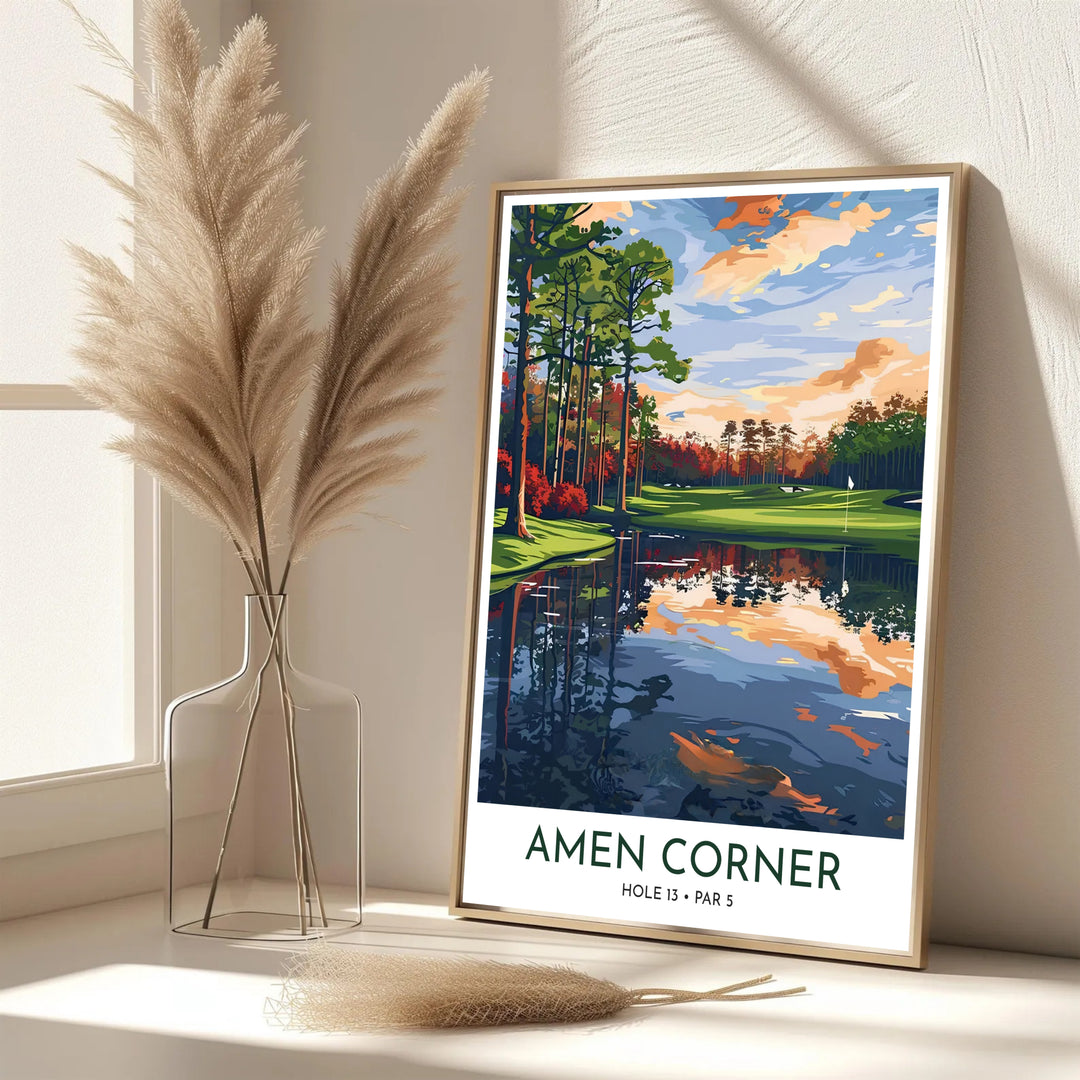 Graphic vector golf print featuring prominent text reading AMEN CORNER HOLE 13 PAR 5 below a stunning sunset view of Augusta Georgia. Offered by MapYourDreams, this artwork is available in flexible options including unframed paper, custom wooden frames, and gallery canvas wraps for tailored home wall decor setups.