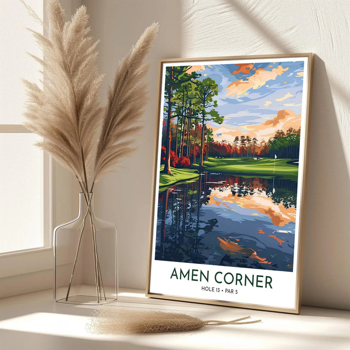 Graphic vector golf print featuring prominent text reading AMEN CORNER HOLE 13 PAR 5 below a stunning sunset view of Augusta Georgia. Offered by MapYourDreams, this artwork is available in flexible options including unframed paper, custom wooden frames, and gallery canvas wraps for tailored home wall decor setups.