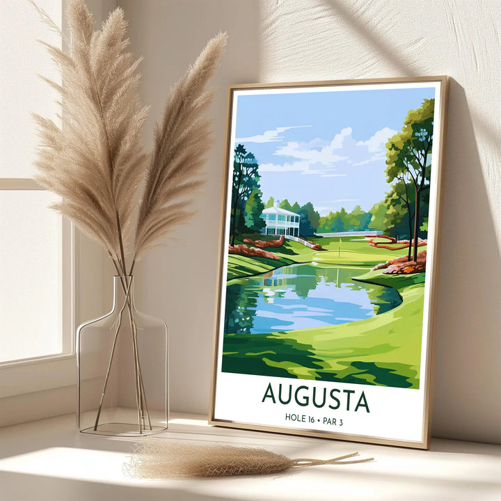 Graphic vector golf print featuring bold text reading AUGUSTA HOLE 16 PAR 3 below a pristine view of the famous water hazard. Offered by MapYourDreams, this artwork is available in flexible options including unframed paper, custom wooden frames, and gallery canvas wraps for tailored home wall decor setups.