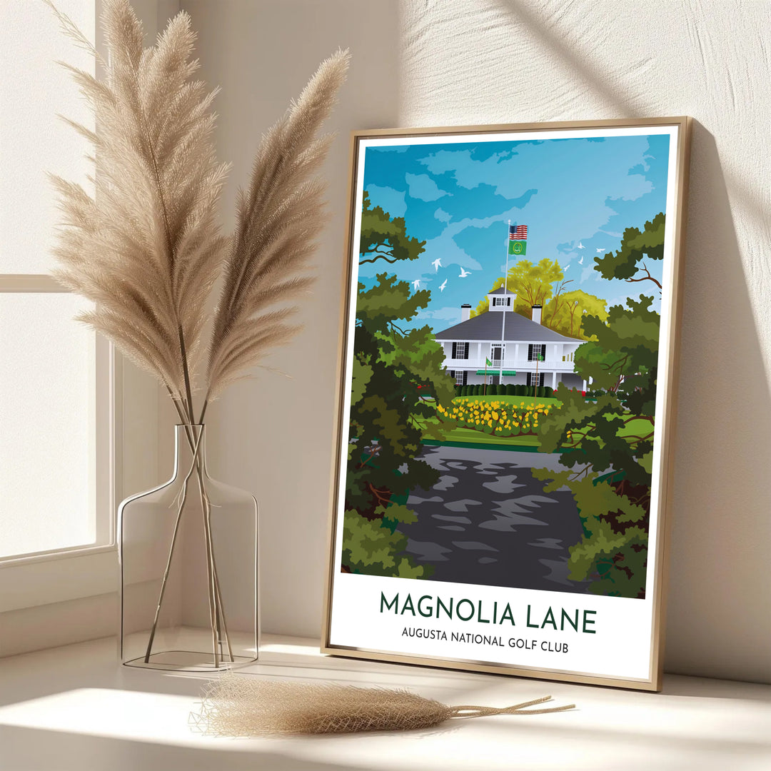 Graphic vector golf print featuring bold text reading MAGNOLIA LANE AUGUSTA NATIONAL GOLF CLUB below a pristine view of the historic entrance. Offered by MapYourDreams, this artwork is available in flexible options including unframed paper, custom wooden frames, and gallery canvas wraps for tailored home wall decor setups.