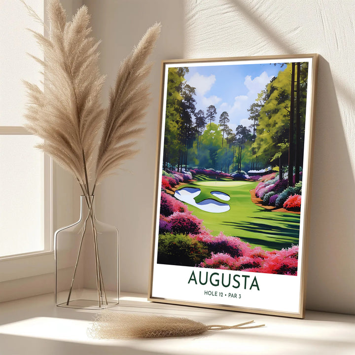 Graphic impressionist golf print featuring bold text reading AUGUSTA HOLE 12 PAR 3 below a breathtaking view of Amen Corner. Offered by MapYourDreams, this artwork is available in flexible options including unframed paper, custom wooden frames, and gallery canvas wraps for tailored home wall decor setups.