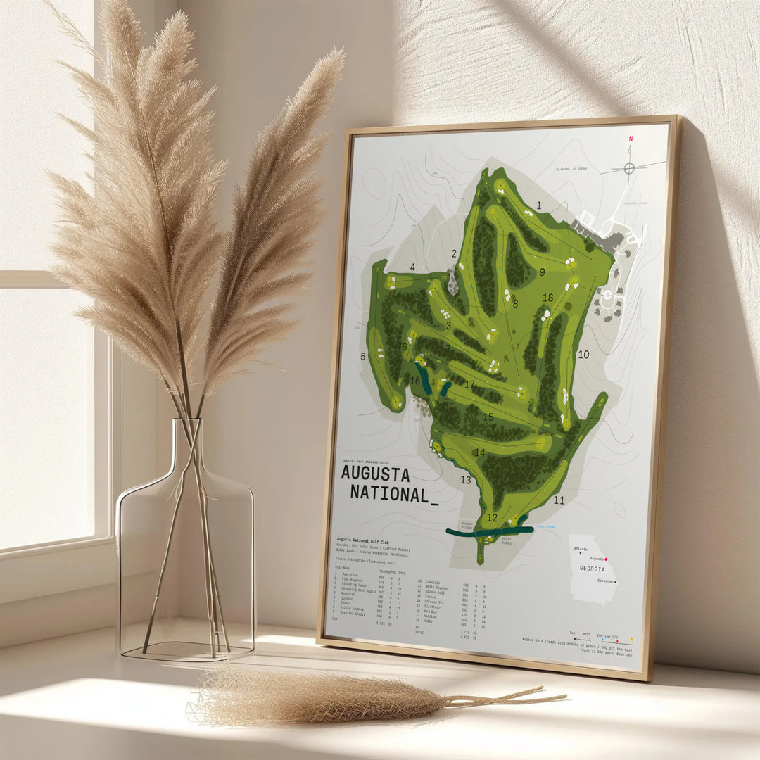 Modern course layout print of Augusta National in Georgia highlighting the strategic layout of every hole alongside a mini Georgia state map. Offered by MapYourDreams, this artwork is available in flexible options including unframed paper, custom wooden frames, and gallery canvas wraps.