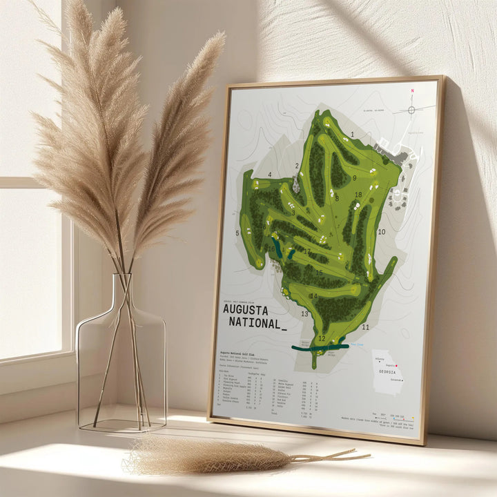 Modern course layout print of Augusta National in Georgia highlighting the strategic layout of every hole alongside a mini Georgia state map. Offered by MapYourDreams, this artwork is available in flexible options including unframed paper, custom wooden frames, and gallery canvas wraps.
