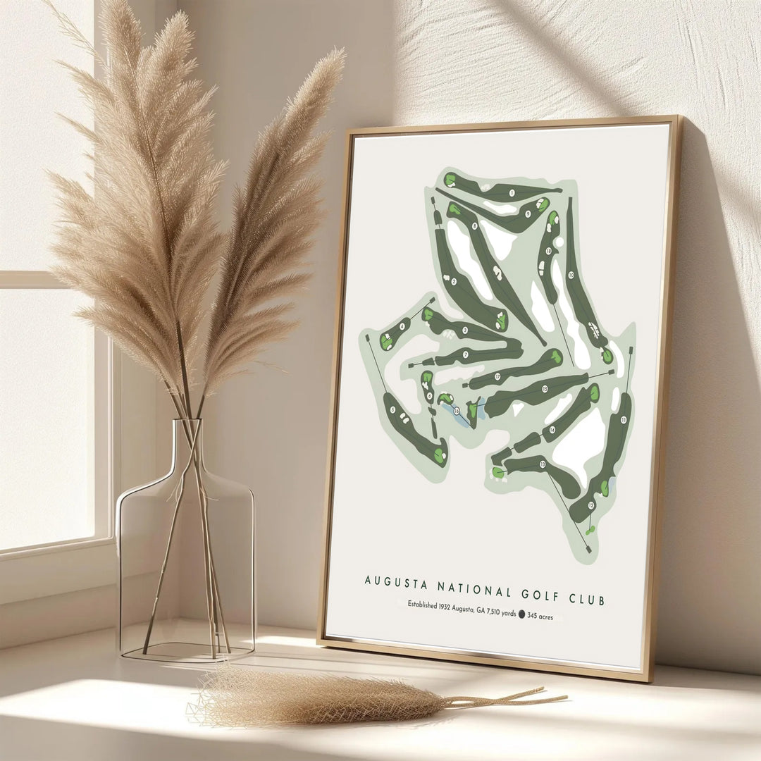 Refined golf gift artwork displaying the complete course outline of Augusta National Golf Club in Georgia with clean typography and circular hole markers. Offered by MapYourDreams, this artwork is available in flexible options including unframed paper, custom wooden frames, and gallery canvas wraps.