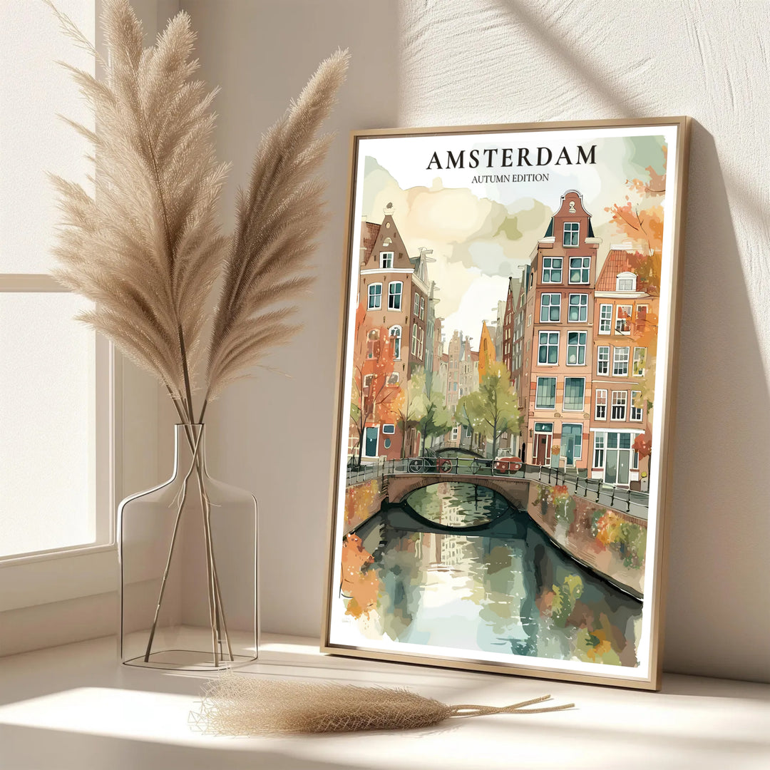 Elegant watercolor European travel print featuring golden fall foliage and dark canal waters in Amsterdam, provided by MapYourDreams with options for an unframed paper print, a gallery wrapped canvas, or a custom framed presentation style for lovers of colorful art prints.