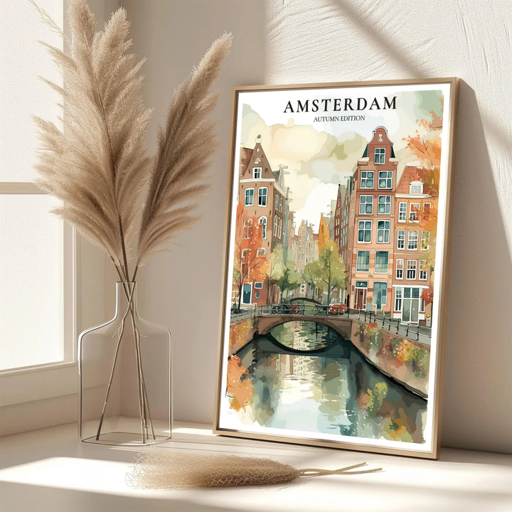 Elegant watercolor European travel print featuring golden fall foliage and dark canal waters in Amsterdam, provided by MapYourDreams with options for an unframed paper print, a gallery wrapped canvas, or a custom framed presentation style for lovers of colorful art prints.