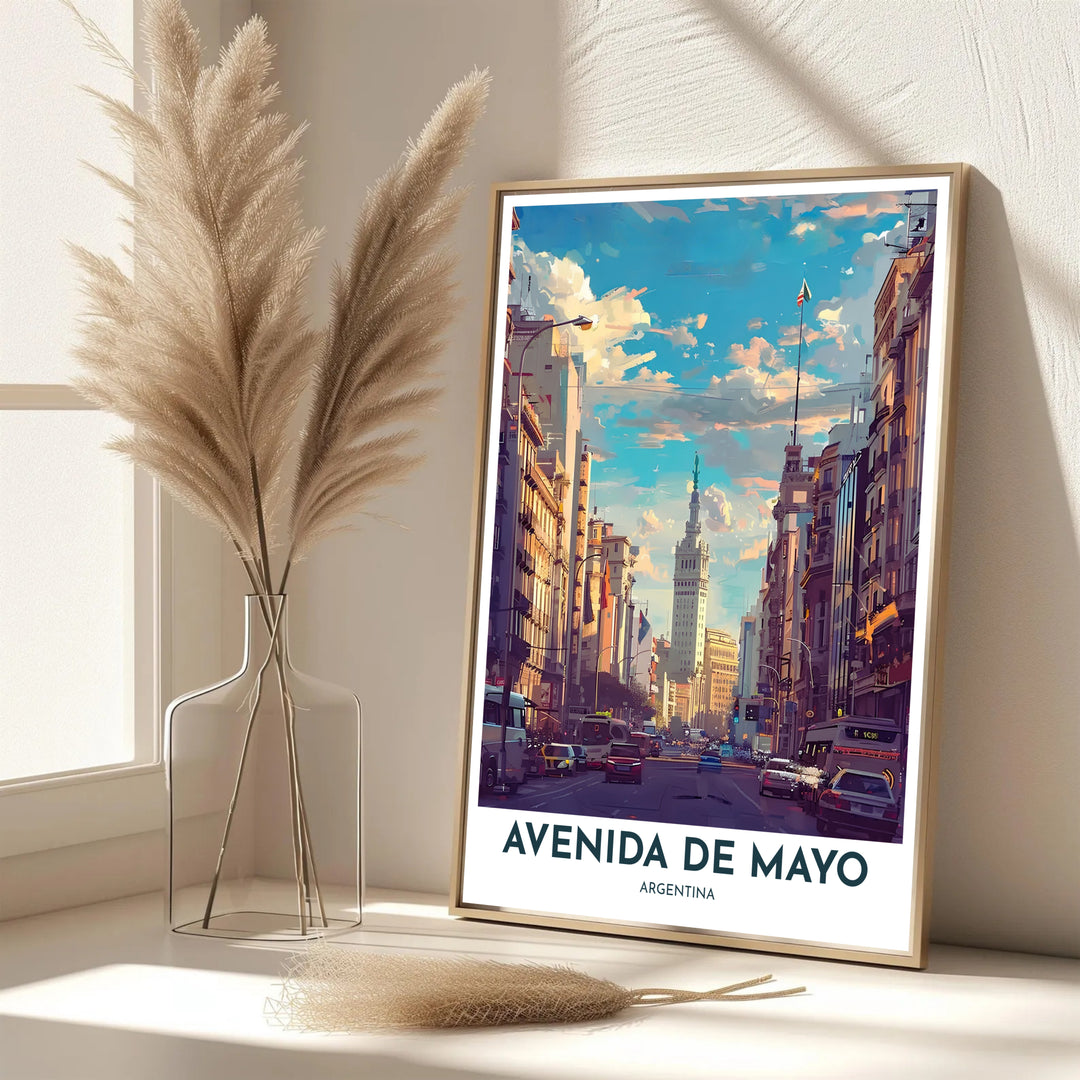 Impressionistic cityscape wall art showing Avenida de Mayo in Argentina bathed in golden afternoon sunlight with historic buildings and city traffic. Crafted by MapYourDreams, you can order this piece as an unframed art print, custom timber frame, or stretched canvas wrap.