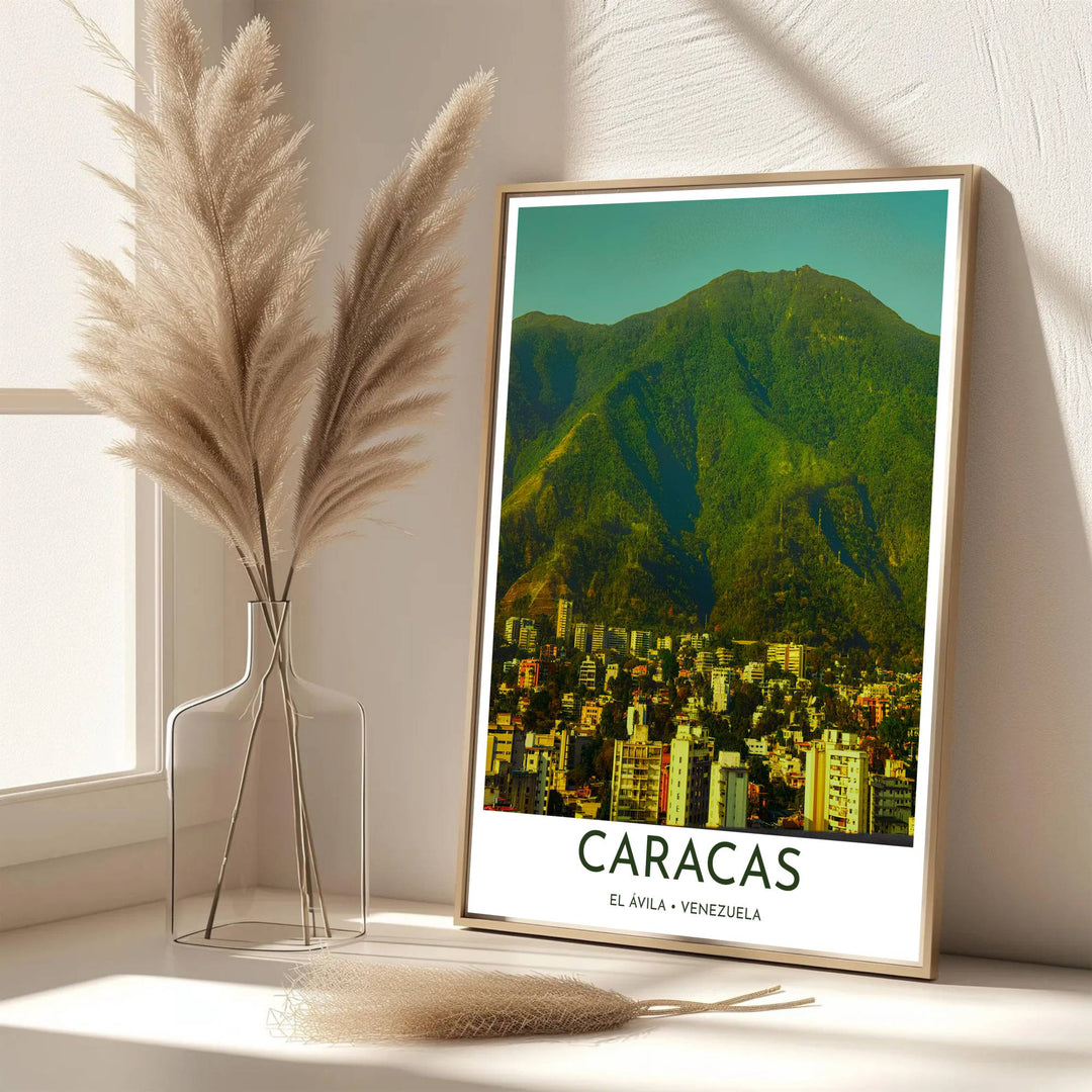 Scenic travel poster displaying the world-famous Avila Mountain in a rich golden afternoon impressionist color palette. Handpicked for the MapYourDreams catalog, this artwork is available in flexible styles including unframed paper prints, wooden frames, or gallery canvas.