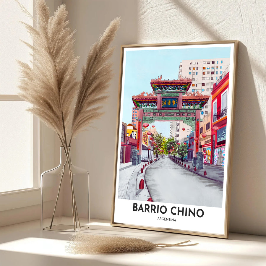 Contemporary urban watercolor travel poster featuring the iconic paifang gate of Barrio Chino surrounded by lush trees and city life. A fine offering from MapYourDreams, choose between flexible product formats like borderless paper, custom wooden frames, or canvas wraps.