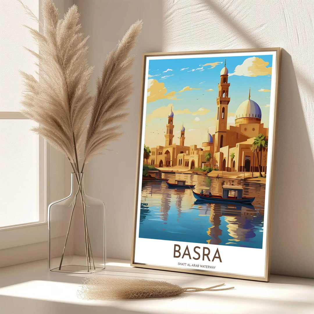 Scenic architectural print of Basra Iraq rendered in a vintage retro travel poster style with date palms and boats. Developed by MapYourDreams, this artwork is available in flexible options including unframed paper, custom wooden frames, and gallery canvas wraps for hallway wall decor.