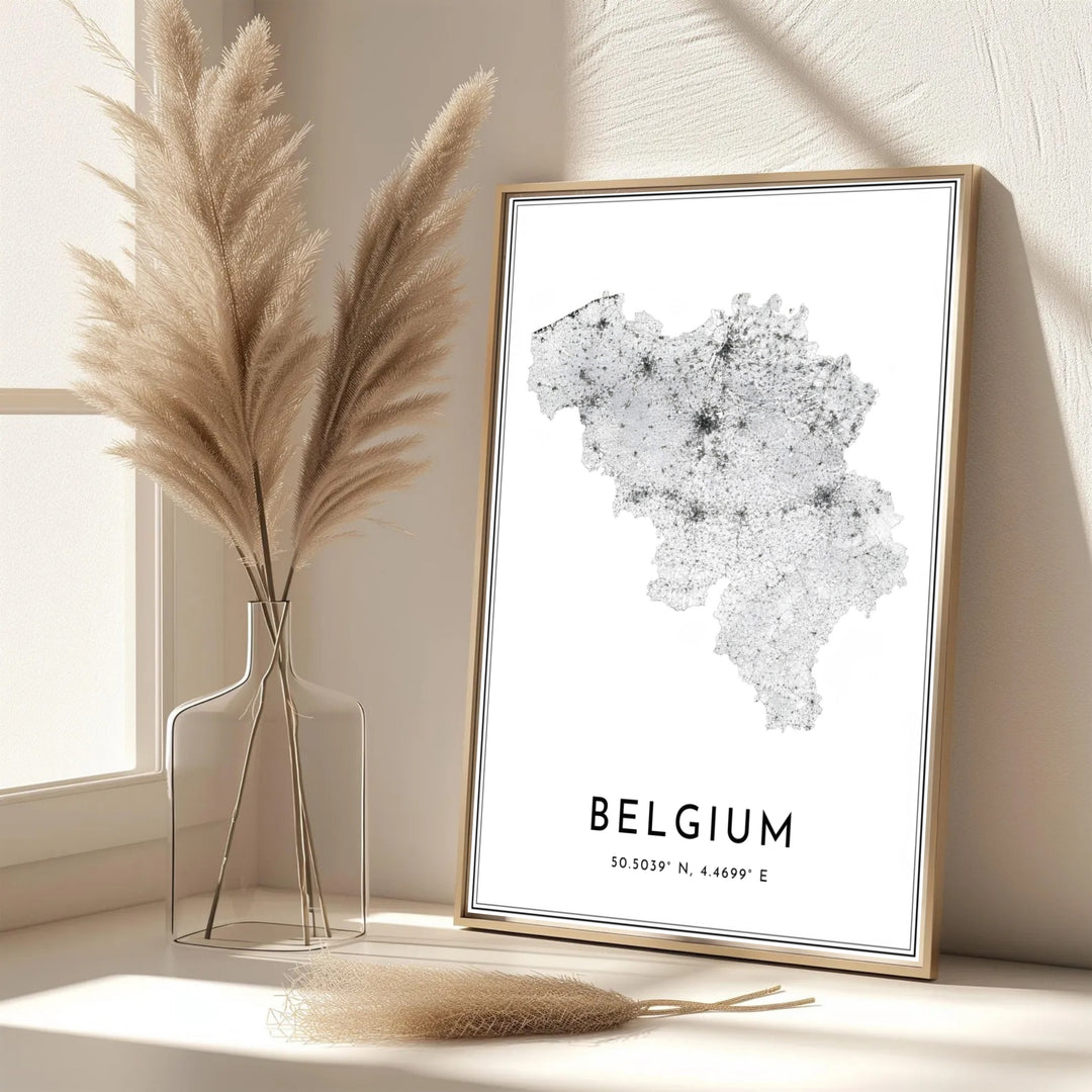 A refined geographic print displaying the complete street network of Belgium in rich black vector lines over pure white. Offered in flexible choices such as unframed archival poster paper, custom wood framing, and gallery canvas wraps.