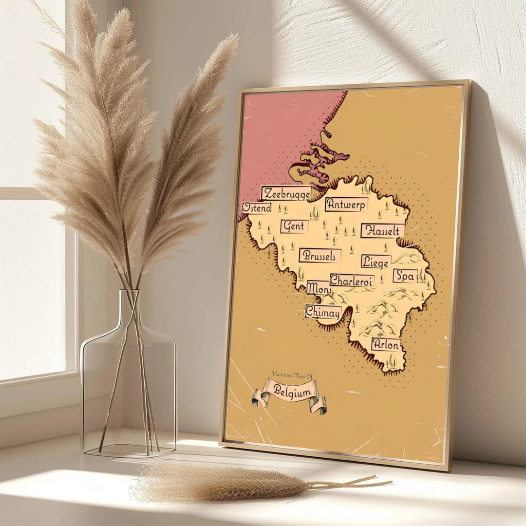 A refined retro geographic print displaying an illustrated map of Belgium in rich sepia, mauve, and black ink detailing. Offered in flexible choices such as unframed archival poster paper, custom wood framing, and gallery canvas wraps.