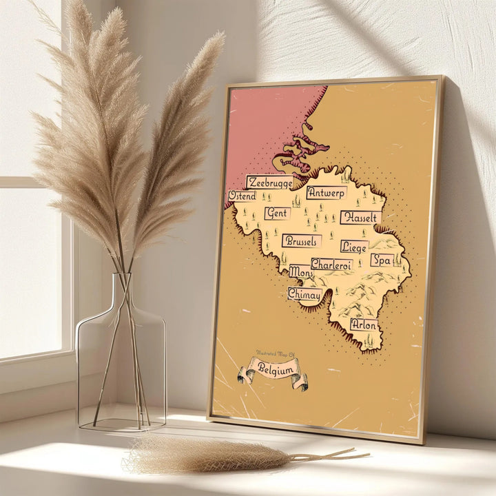 A refined retro geographic print displaying an illustrated map of Belgium in rich sepia, mauve, and black ink detailing. Offered in flexible choices such as unframed archival poster paper, custom wood framing, and gallery canvas wraps.