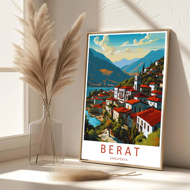 Capturing the iconic Mangalem quarter of Berat with its traditional stone buildings and bell tower against mountains, this fine art poster decorates walls. Offered by MapYourDreams, this artwork is available in flexible options including unframed paper, custom wooden frames, and gallery canvas wraps.