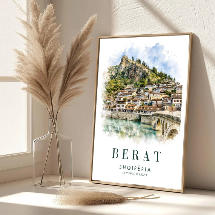 Capturing the iconic Mangalem quarter and Gorica Bridge in soft watercolor bleeds against a white backdrop, this fine art poster decorates walls. Offered by MapYourDreams, this artwork is available in flexible options including unframed paper, custom wooden frames, and gallery canvas wraps.