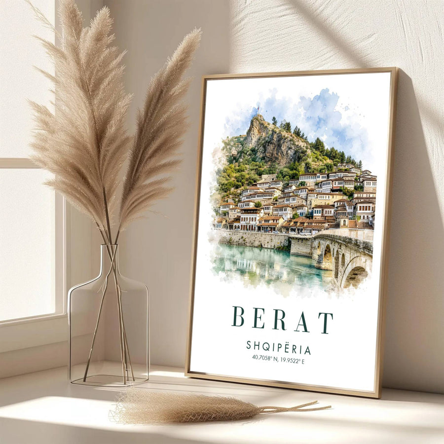 Capturing the iconic Mangalem quarter and Gorica Bridge in soft watercolor bleeds against a white backdrop, this fine art poster decorates walls. Offered by MapYourDreams, this artwork is available in flexible options including unframed paper, custom wooden frames, and gallery canvas wraps.