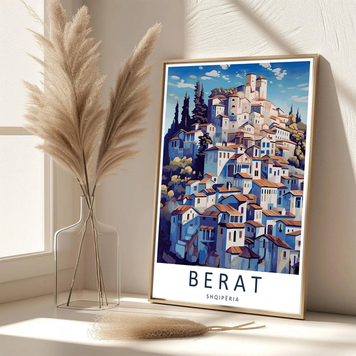 Eye-catching Berat vector print of Albania created with archival matte materials to preserve vibrant blue shadows and white facades without fading over time. Offered by MapYourDreams, this artwork is available in flexible options including unframed paper, custom wooden frames, and gallery canvas wraps.