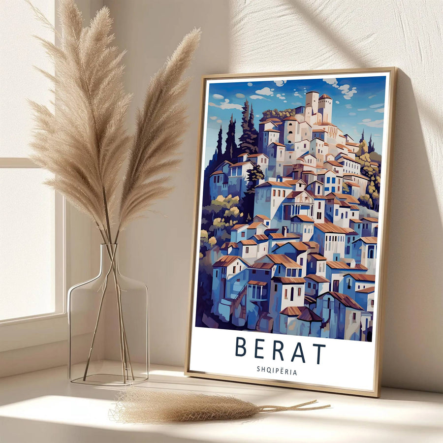 Eye-catching Berat vector print of Albania created with archival matte materials to preserve vibrant blue shadows and white facades without fading over time. Offered by MapYourDreams, this artwork is available in flexible options including unframed paper, custom wooden frames, and gallery canvas wraps.