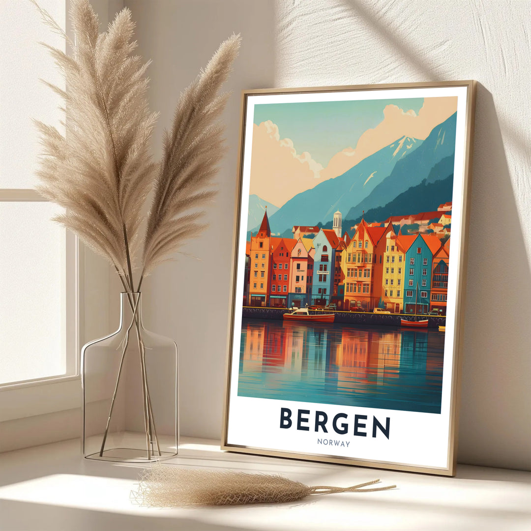 Coastal Scandinavian landscape art depicting the Bryggen wharf in Bergen Norway with vivid reflections shimmering on the water surface. Bring Nordic tranquility home with this print available in classic unframed print paper, gallery wrapped canvas panels, or fully assembled framed displays.