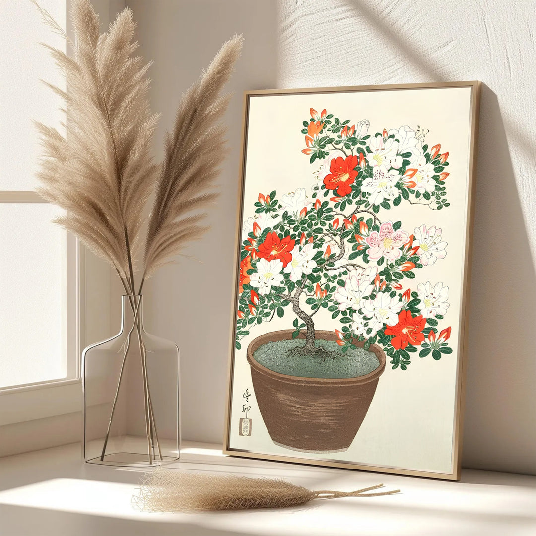Elegant Japanese oriental floral poster featuring potted azalea blossoms inspired by Nara garden culture. MapYourDreams features framed, unframed, and canvas options for dining room decor.
