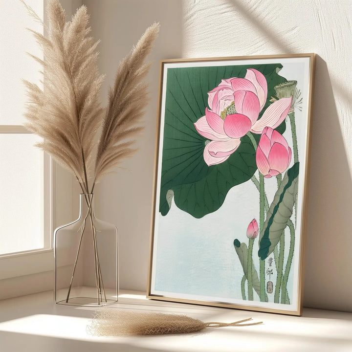 Elegant Japanese oriental floral poster featuring blooming lotus stems inspired by Nara garden culture. MapYourDreams features framed, unframed, and canvas print options for dining room wall art decor.