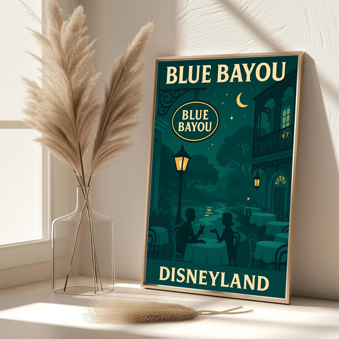Elegant theme park art print featuring a crescent moon sky, gas lamp lighting, and silhouetted diners at Blue Bayou Disneyland, provided by MapYourDreams with options for an unframed paper print, a gallery wrapped canvas, or a custom framed presentation style for lovers of Disney park history.