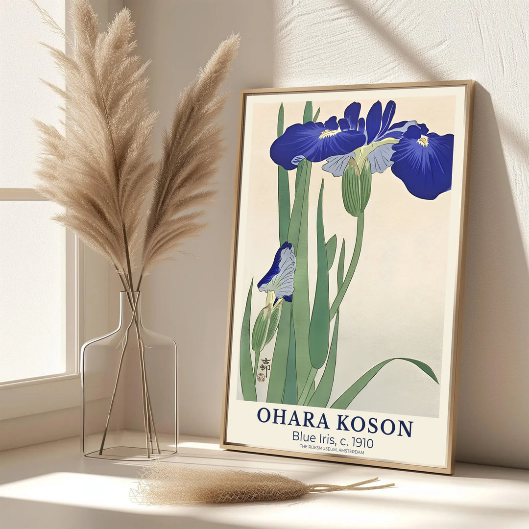 Elegant 1910 Japanese oriental floral poster featuring blooming blue iris stems inspired by culture at The Rijksmuseum, Amsterdam. MapYourDreams features framed, unframed, and canvas print options for dining room wall art decor.
