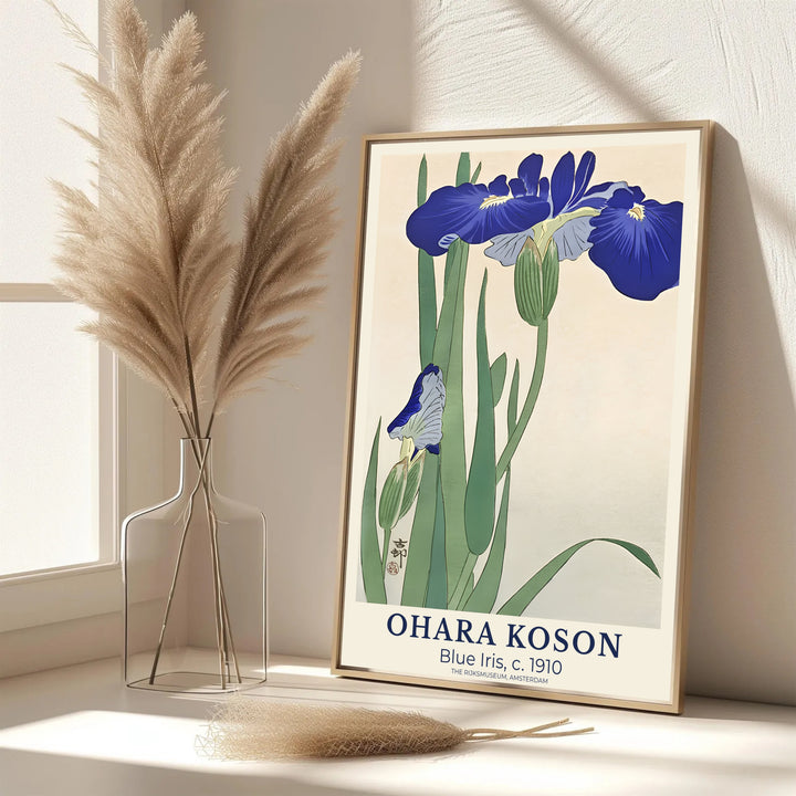 Elegant 1910 Japanese oriental floral poster featuring blooming blue iris stems inspired by culture at The Rijksmuseum, Amsterdam. MapYourDreams features framed, unframed, and canvas print options for dining room wall art decor.