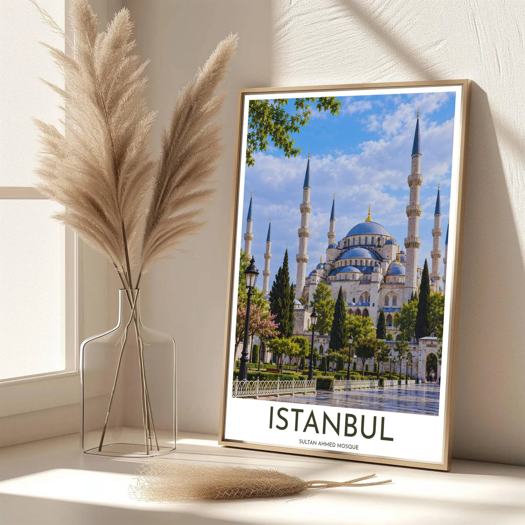 Elegant Istanbul travel poster showing the Blue Mosque cascading domes and towering minarets framed by nature. Created by MapYourDreams, this artwork is available in flexible options including unframed paper, custom wooden frames, and gallery canvas wraps for bedroom wall art.