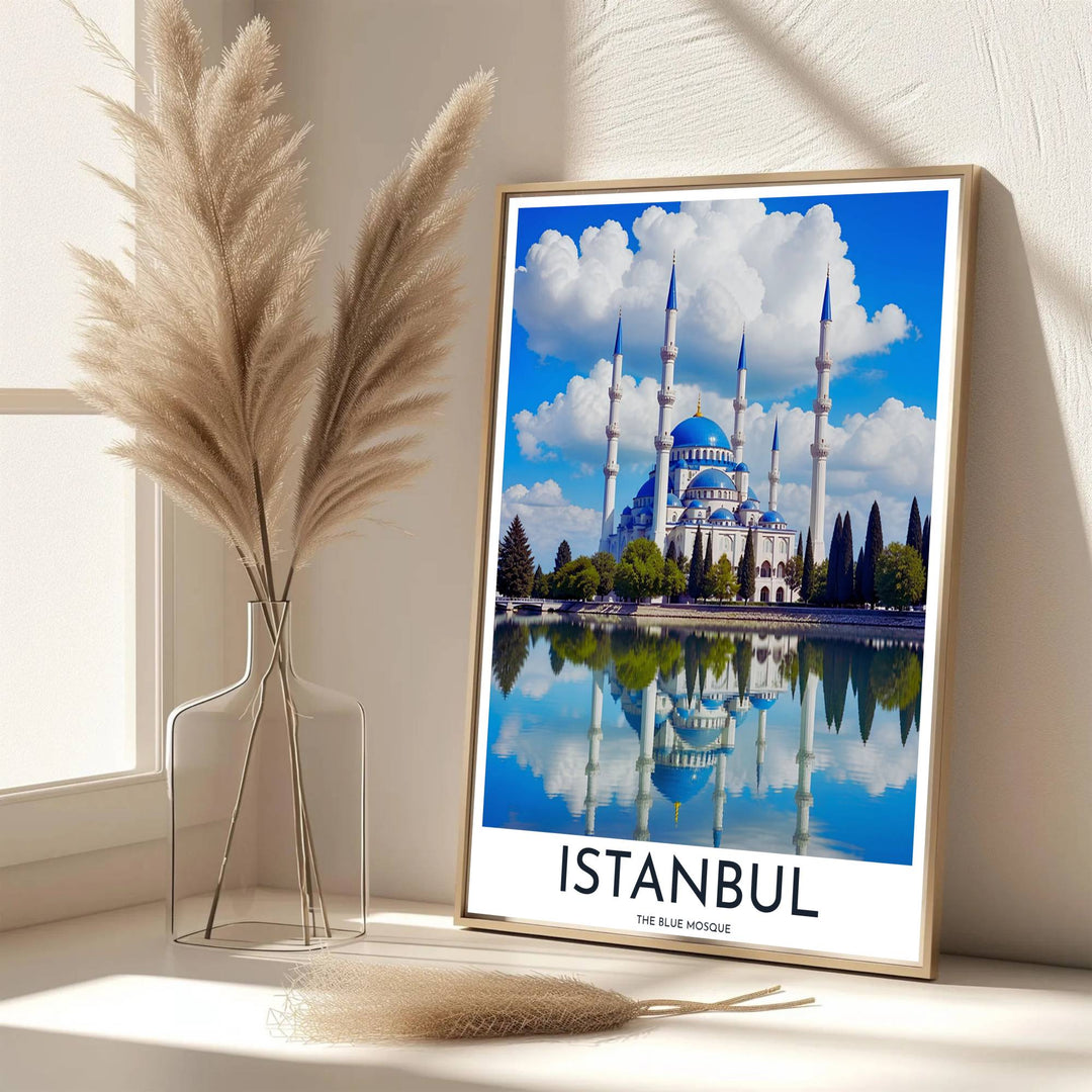 Scenic Turkish architecture poster of Istanbul Blue Mosque mirrored across a peaceful body of water. Developed by MapYourDreams, this artwork is available in flexible options including unframed paper, custom wooden frames, and gallery canvas wraps for hallway wall decor.