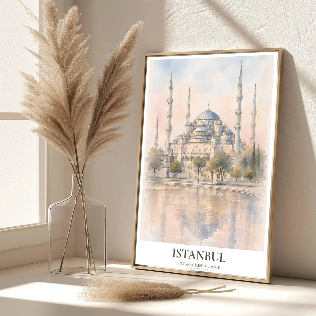 Scenic Turkish architecture poster of Istanbul Blue Mosque softly rendered in a delicate watercolor aesthetic. Developed by MapYourDreams, this artwork is available in flexible options including unframed paper, custom wooden frames, and gallery canvas wraps for hallway wall decor.