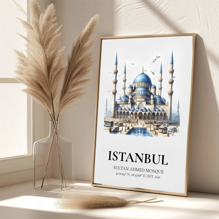 Scenic Turkish architecture poster of Istanbul Blue Mosque rendered in a crisp watercolor aesthetic on white. Developed by MapYourDreams, this artwork is available in flexible options including unframed paper, custom wooden frames, and gallery canvas wraps for hallway wall decor.