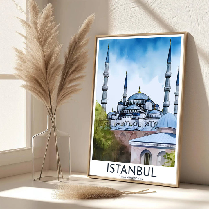 Scenic watercolor print of Istanbul Turkey Blue Mosque with towering minarets and clean Istanbul typography at base. Presented by MapYourDreams, this artwork is available in flexible options including unframed paper, custom wooden frames, and gallery canvas wraps for living room art.