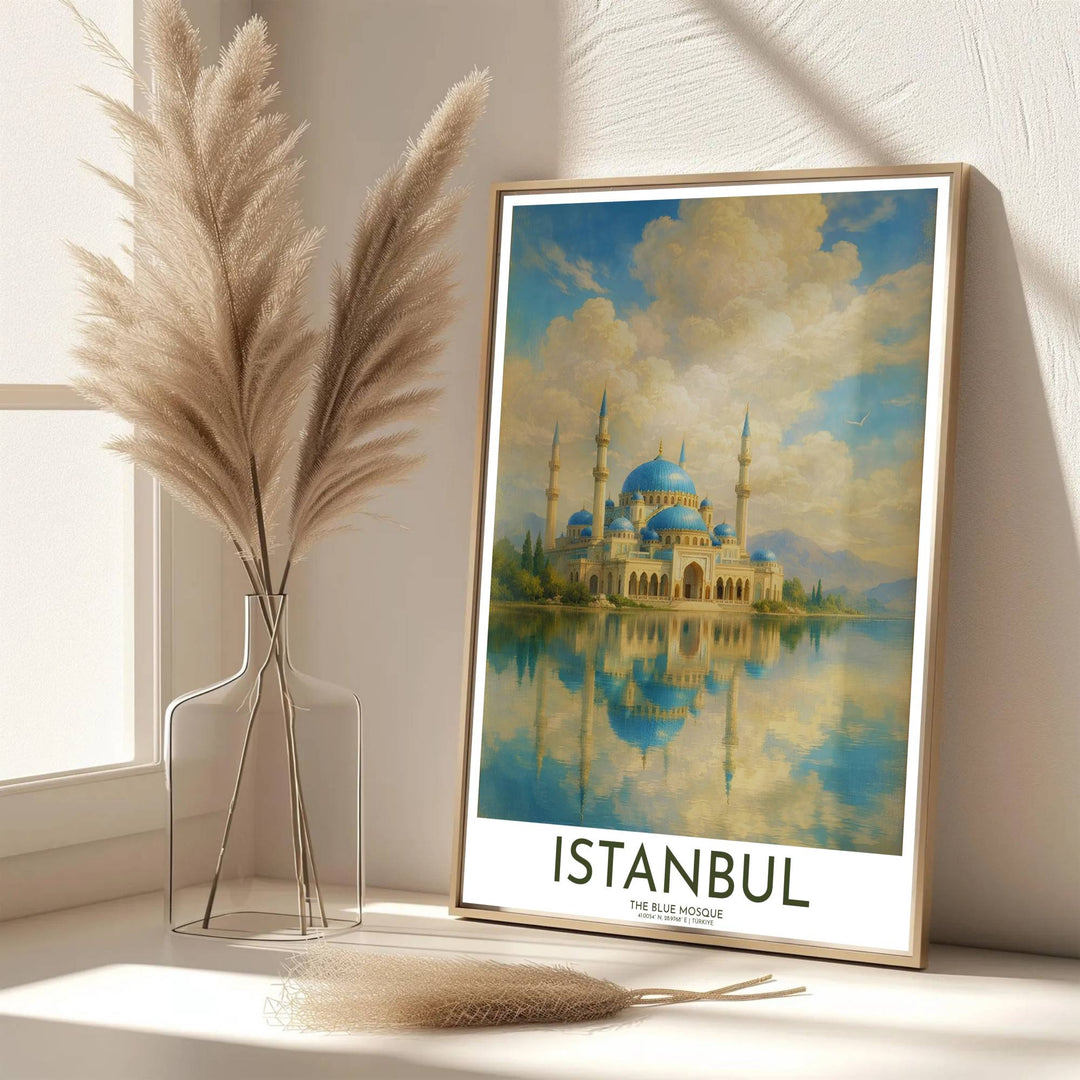 Scenic Turkish architecture poster of Istanbul Blue Mosque rendered in a lush classical oil painting aesthetic. Developed by MapYourDreams, this artwork is available in flexible options including unframed paper, custom wooden frames, and gallery canvas wraps for hallway wall decor.