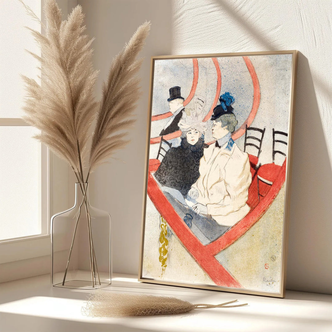 Elegant French vintage theatre poster of Box In The Grand Tier (1897), Henri de Toulouse-Lautrec showing theatrical seating in Paris, France. MapYourDreams features custom framed prints, unframed paper wall decor, and gallery canvas choices for artistic home wall spaces.