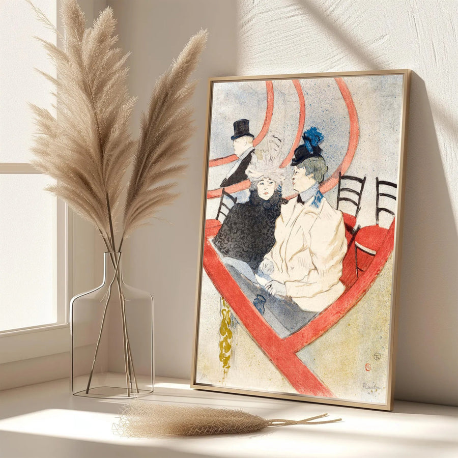 Elegant French vintage theatre poster of Box In The Grand Tier (1897), Henri de Toulouse-Lautrec showing theatrical seating in Paris, France. MapYourDreams features custom framed prints, unframed paper wall decor, and gallery canvas choices for artistic home wall spaces.