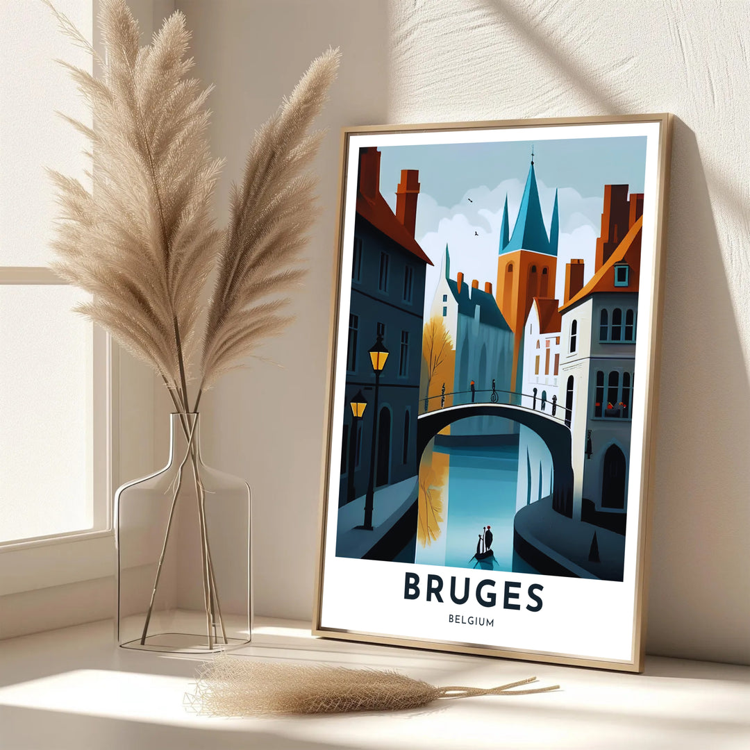 Crisp graphic wall art detailing a quiet canal, streetlamps, and church towers in Bruges, Belgium, rendered with vibrant vector contrast. Offered by MapYourDreams, this artwork is available in flexible options including unframed paper, custom wooden frames, and gallery canvas wraps.