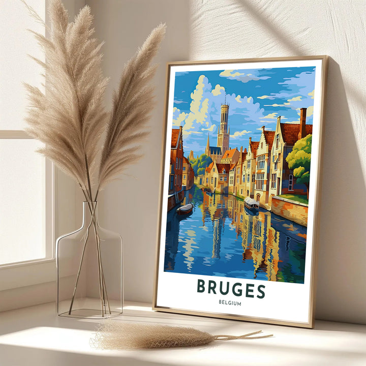 A refined European art print showcasing the iconic skyline and canal scenery of Bruges, Belgium, in cobalt blue, terracotta, ochre, and cloud white. Offered in flexible choices such as unframed archival poster paper, custom wood framing, and gallery canvas wraps.