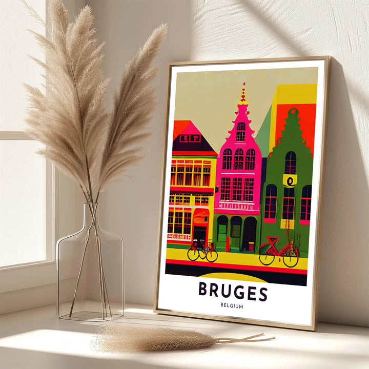 A refined modern art print showcasing the gabled architecture of Bruges, Belgium, in shocking magenta pink, bright green, sunflower yellow, and red. Offered in flexible choices such as unframed archival poster paper, custom wood framing, and gallery canvas wraps.