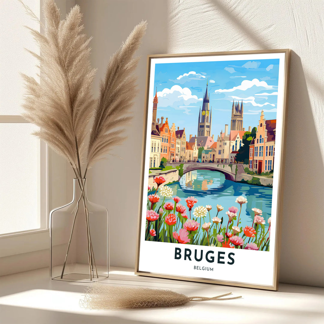 A picturesque travel poster portraying the floral canal banks and medieval city silhouette of Bruges, Belgium, under a bright summer sky. Offered in flexible choices such as unframed archival poster paper, custom wood framing, and gallery canvas wraps.