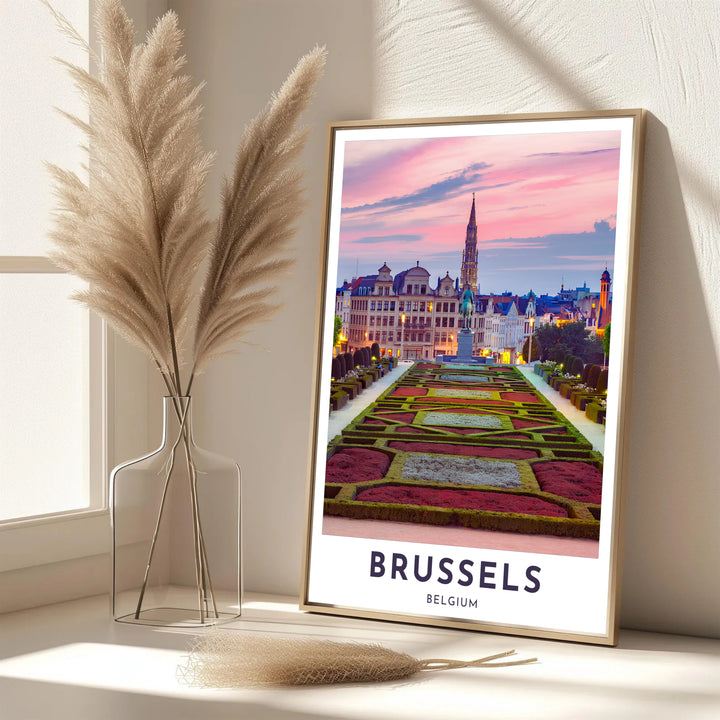 A picturesque Belgian city print featuring the manicured gardens and soaring spires of Mont des Arts in Brussels, Belgium, at golden hour. Offered in flexible choices such as unframed archival poster paper, custom wood framing, and gallery canvas wraps.