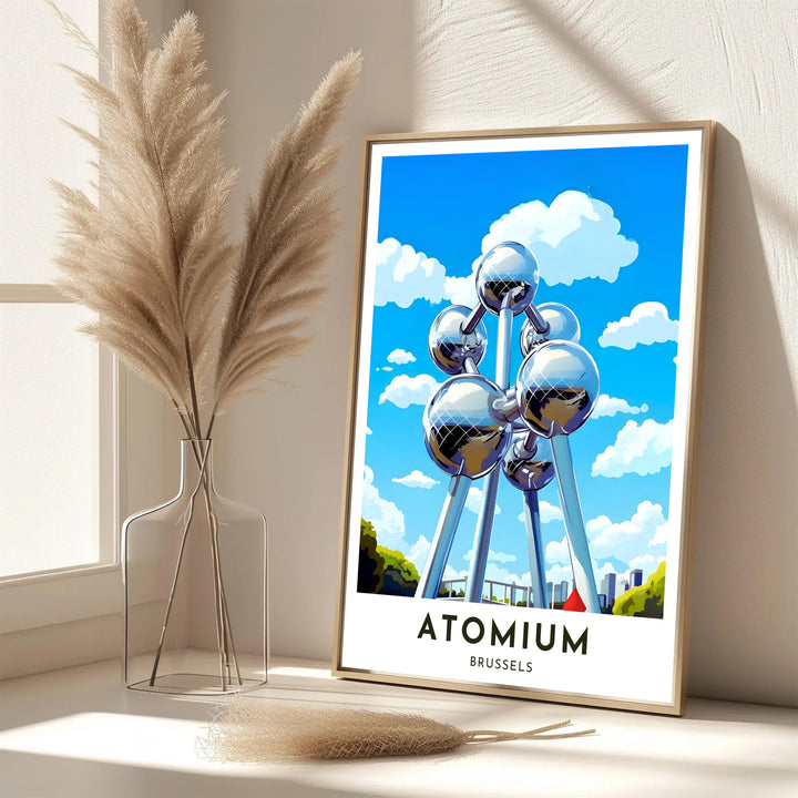 A picturesque Belgian landmark print featuring the imposing scale of the Atomium in Brussels, Belgium, rendered in crisp modern graphics. Offered in flexible choices such as unframed archival poster paper, custom wood framing, and gallery canvas wraps.