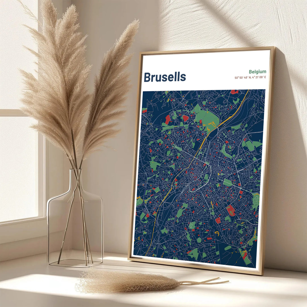 A picturesque Belgian city map print featuring the arterial roadways and green parks of Brussels, Belgium, in dark navy blue. Offered in flexible choices such as unframed archival poster paper, custom wood framing, and gallery canvas wraps.