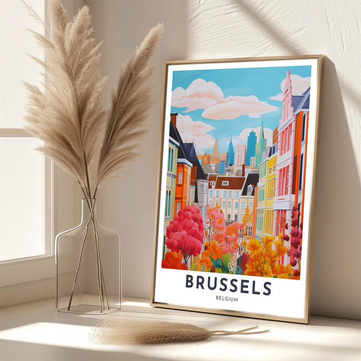 A picturesque Belgian cityscape print featuring historic gabled roofs and autumn foliage in Brussels, Belgium, set against blue skies. Offered in flexible choices such as unframed archival poster paper, custom wood framing, and gallery canvas wraps.