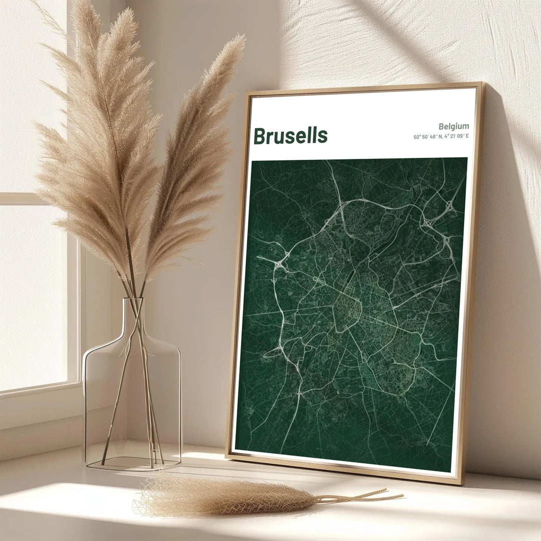 A picturesque Belgian city map print featuring the roadways and urban network of Brussels, Belgium, in a deep emerald green aesthetic. Offered in flexible choices such as unframed archival poster paper, custom wood framing, and gallery canvas wraps.
