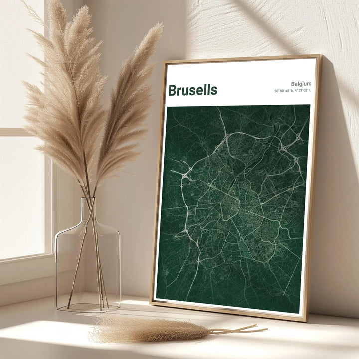 A picturesque Belgian city map print featuring the roadways and urban network of Brussels, Belgium, in a deep emerald green aesthetic. Offered in flexible choices such as unframed archival poster paper, custom wood framing, and gallery canvas wraps.