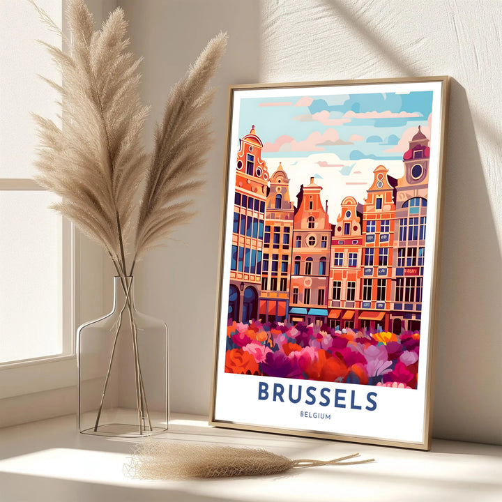 A picturesque Belgian cityscape print featuring the guild house facades of Brussels Grand Place in Belgium behind blooming blossoms. Offered in flexible choices such as unframed archival poster paper, custom wood framing, and gallery canvas wraps.