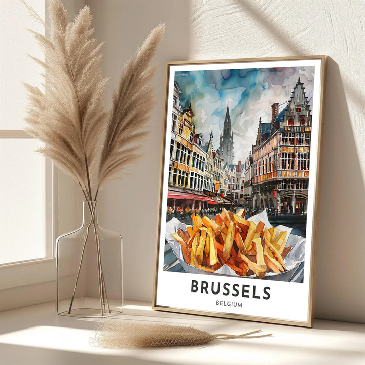 A picturesque Belgian foodie print featuring delicious frites served in front of the historic facade of Brussels Grand Place in Belgium. Offered in flexible choices such as unframed archival poster paper, custom wood framing, and gallery canvas wraps.